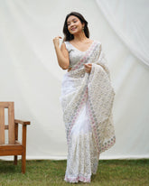 Lustrous heaviest Chikankari Worked Milky White Heavy Pure Organza saree